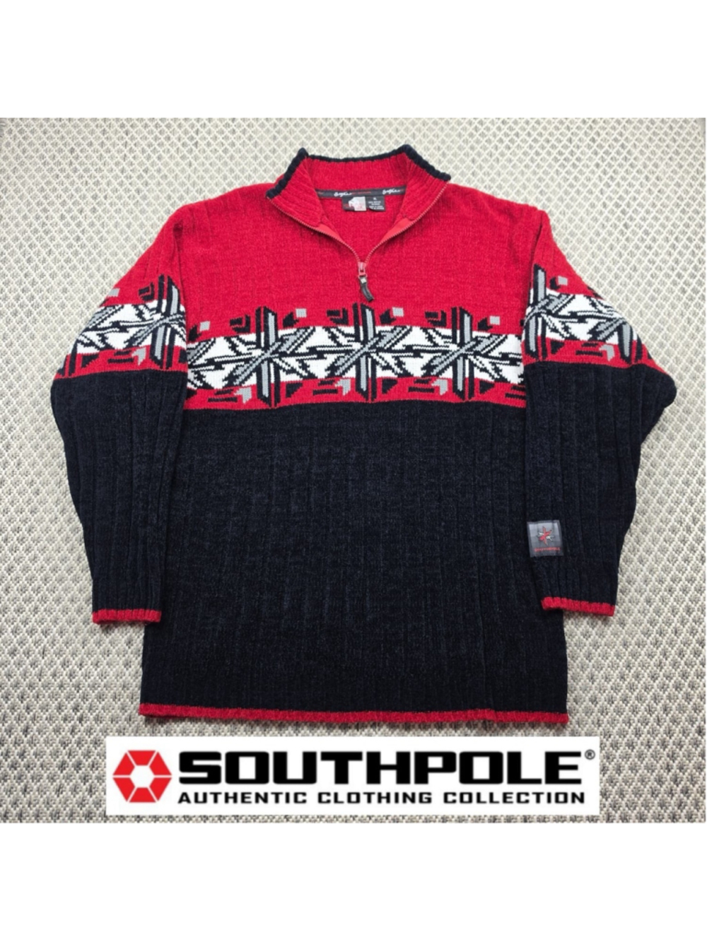 Vintage Southpole 1/4 Zip Sweater XL Red Black Nordic Knit Pullover Y2K